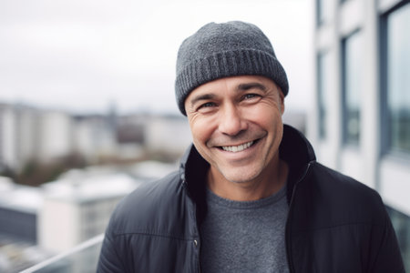 Portrait of a smiling middle-aged man in a cap.の素材