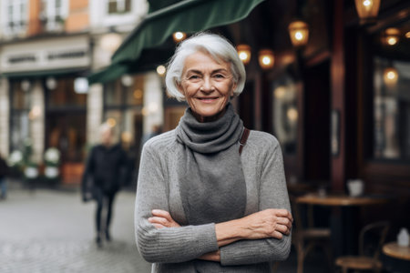 Portrait of smiling senior woman standing with arms crossed in city streetの素材