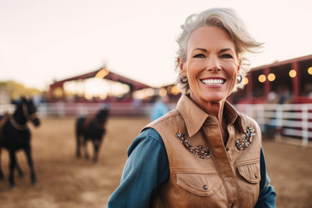 Portrait of a smiling mature cowgirl standing with her horses on ranchの素材