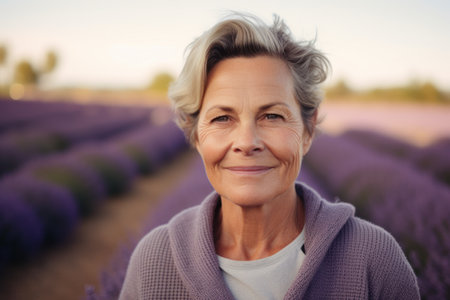 Portrait of happy senior woman standing in lavender field at sunsetの素材