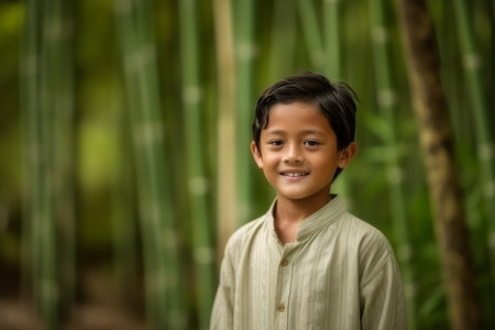 Portrait of a young Asian boy smiling at the camera with bamboo backgroundの素材