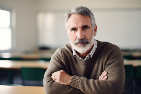 Portrait of senior male teacher standing in classroom with arms crossed looking at cameraの素材