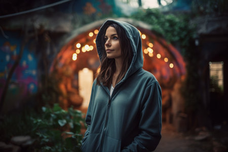 Beautiful young woman in a green raincoat on the background of the night city.の素材