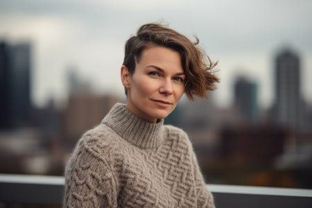 Portrait of a beautiful young woman in a knitted sweater on the background of the cityの素材