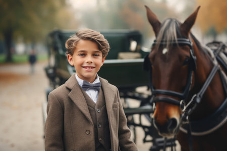 Cute little boy in a suit with a horse-drawn carriageの素材