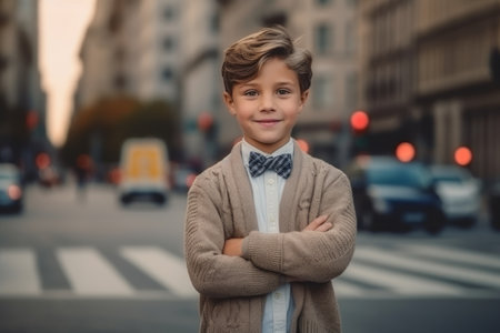 Portrait of a boy in a coat and bow tie on the streetの素材