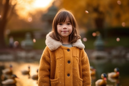 Adorable little girl in beautiful autumn park on warm and sunny dayの素材