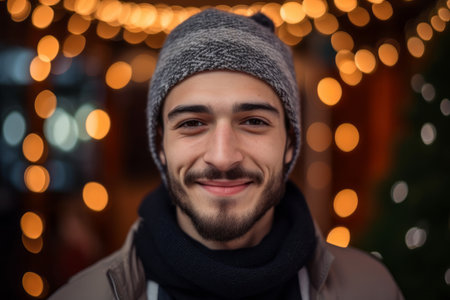 Portrait of a handsome young man on a background of Christmas lightsの素材