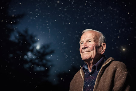 Portrait of an elderly man on a background of the night skyの素材