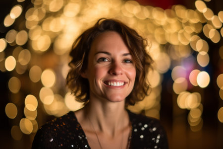 Portrait of a beautiful woman with bokeh lights in the backgroundの素材