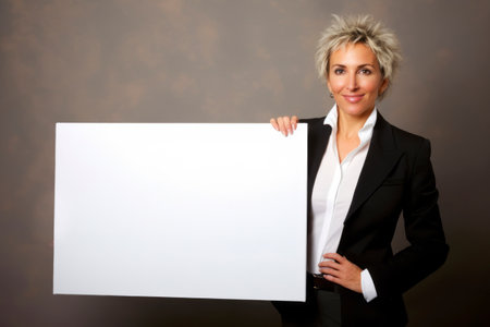 Smiling businesswoman holding a white board with copyspace for your textの素材