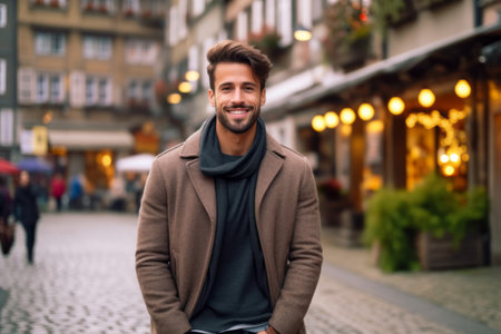 Portrait of a handsome young man wearing coat and scarf walking in the city.の素材