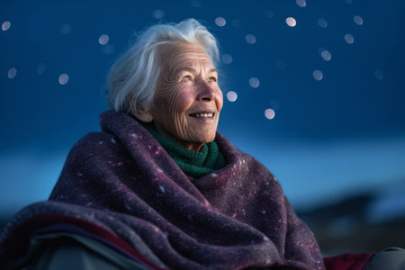 Portrait of smiling senior woman in winter clothes looking away at nightの素材