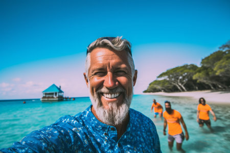 Senior man taking a selfie with his family on a tropical beach.の素材