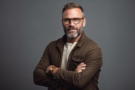 portrait of handsome middle aged man in eyeglasses looking at camera isolated on grayの素材