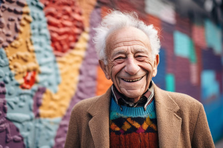 Portrait of an elderly man smiling at the camera in the streetの素材