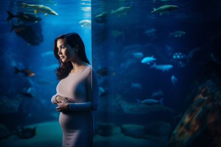 Pregnant woman standing in front of a large aquarium with fishesの素材