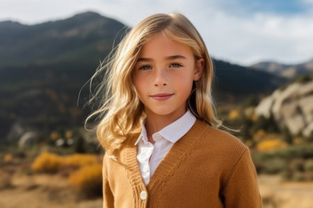 portrait of a beautiful little girl with blonde hair in the mountainsの素材