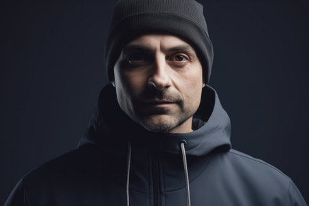 Portrait of a man in a black hoodie and a capの素材