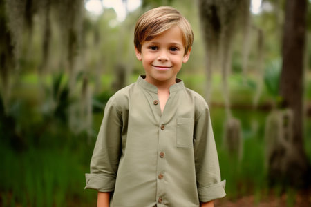 Portrait of a smiling little boy in a green shirt standing in the woodsの素材
