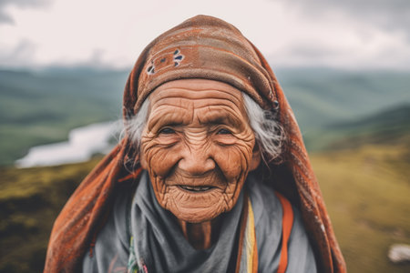 Himalayan old woman in Himalayas, Himachal Pradesh, Indiaの素材