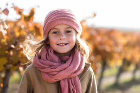 Portrait of a cute little girl in the vineyard on an autumns dayの素材