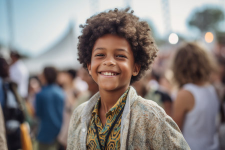Portrait of smiling african american boy with curly hair at music festivalの素材