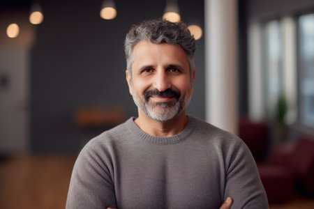 portrait of handsome middle aged man with gray hair and beard at homeの素材
