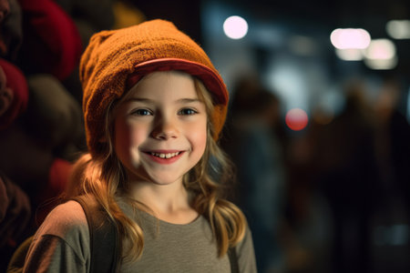 Portrait of smiling little girl in hat at night in the cityの素材