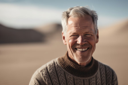 Portrait of smiling senior man standing in the middle of the desertの素材