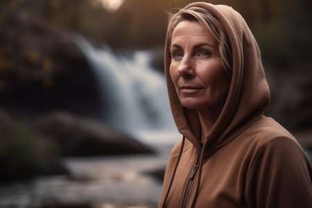 Portrait of mature woman with a hood on her head in front of a waterfallの素材