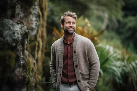 Portrait of a handsome young man standing in the garden and smilingの素材