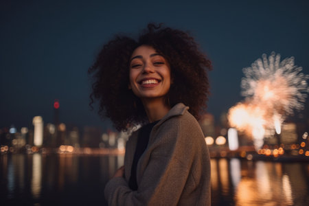 Portrait of a beautiful young woman with afro hairstyle, smiling and looking at fireworks in the city.の素材