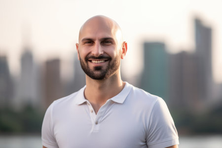 Portrait of a handsome bald man in a white shirt on the background of the cityの素材