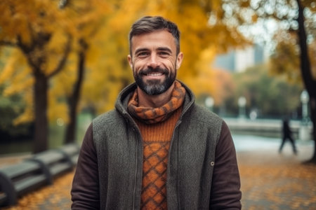 Portrait of a smiling man in a coat and scarf standing in the autumn parkの素材