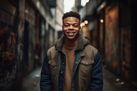 Portrait of a handsome young african american man smiling in the city.の素材