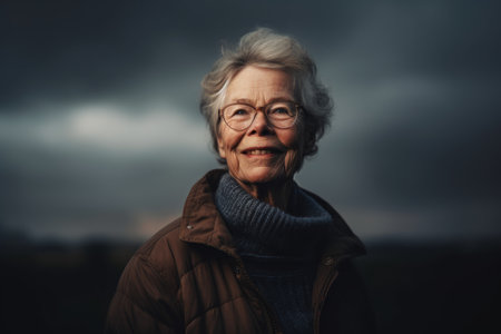 Portrait of an elderly woman with glasses on a background of stormy skyの素材