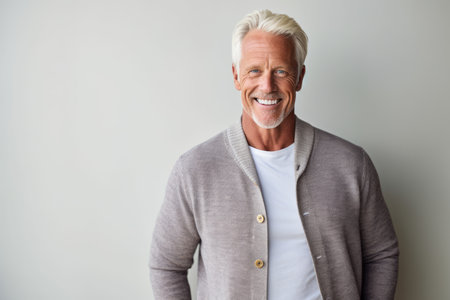 Portrait of a handsome senior man smiling at the camera while standing against gray backgroundの素材