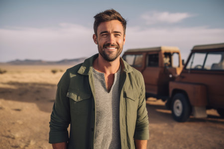 Portrait of smiling man standing with van in the middle of the desertの素材