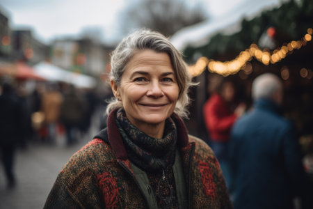 Portrait of a smiling middle-aged woman on the Christmas marketの素材