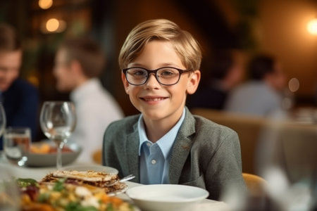 happy little boy with glasses having dinner in cafe at dinner party or restaurantの素材