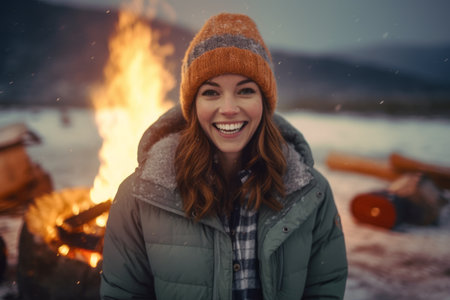 Portrait of smiling young woman standing by bonfire in winter forestの素材