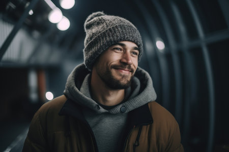 Portrait of a handsome young man with a beard in a knitted hat and coat.の素材