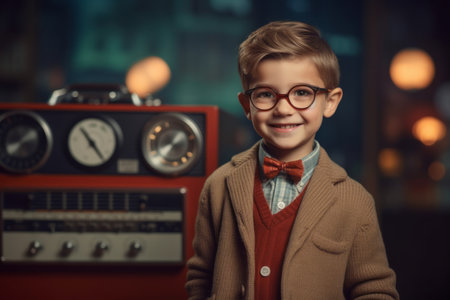Portrait of a cute little boy in glasses and a brown coat. Retro style.の素材