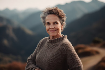 Portrait of a beautiful mature woman with curly hair standing in the mountainsの素材