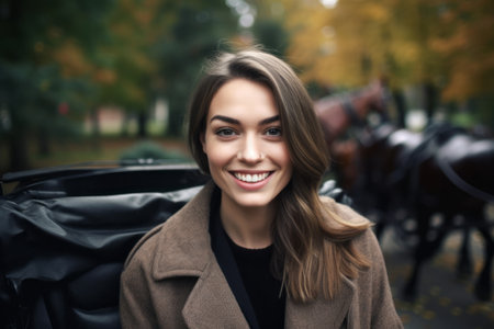 Portrait of a beautiful young woman in a coat with a car in the backgroundの素材