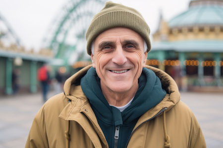Portrait of a smiling senior man in a hat and coat on the background of an amusement parkの素材