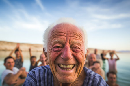 Portrait of senior man smiling at camera with friends in background at beachの素材