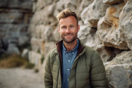 Portrait of handsome man smiling at camera while standing against stone wallの素材