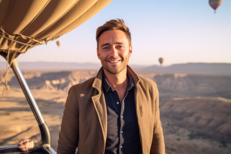 Handsome young man enjoying hot air balloon flight in Cappadocia, Turkeyの素材